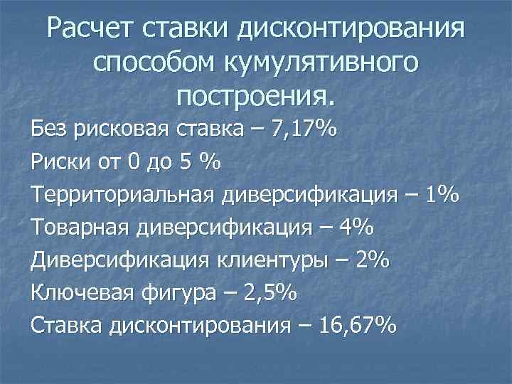 Расчет ставки дисконтирования способом кумулятивного построения. Без рисковая ставка – 7, 17% Риски от