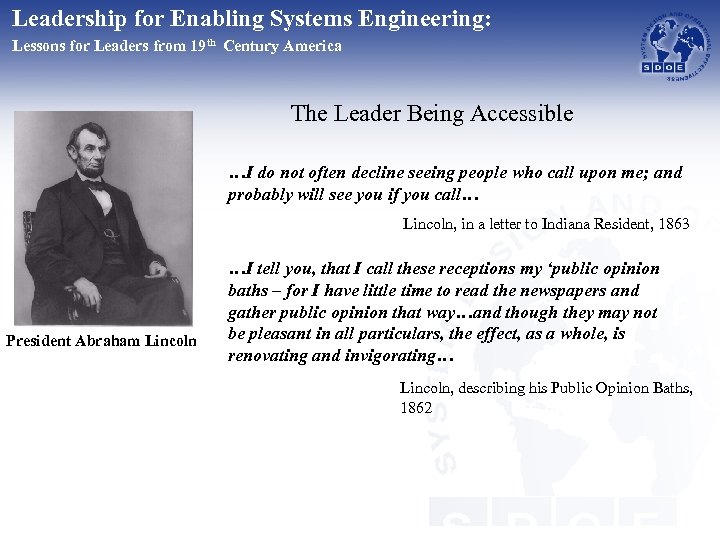 Leadership for Enabling Systems Engineering: Lessons for Leaders from 19 th Century America The