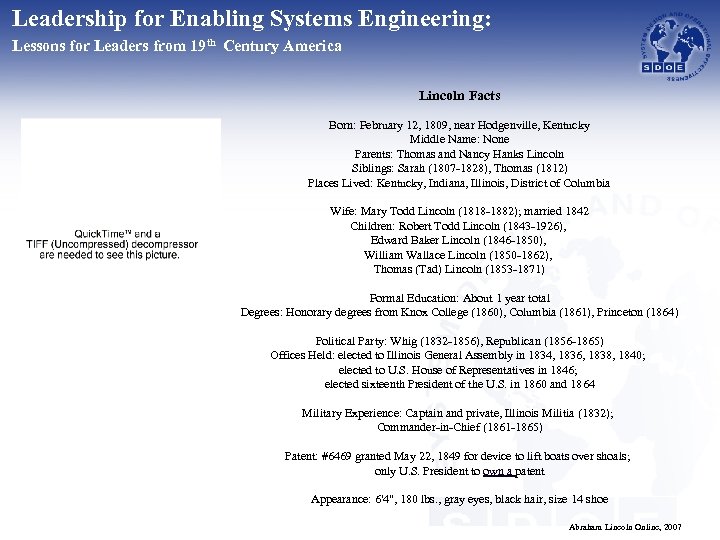 Leadership for Enabling Systems Engineering: Lessons for Leaders from 19 th Century America Lincoln