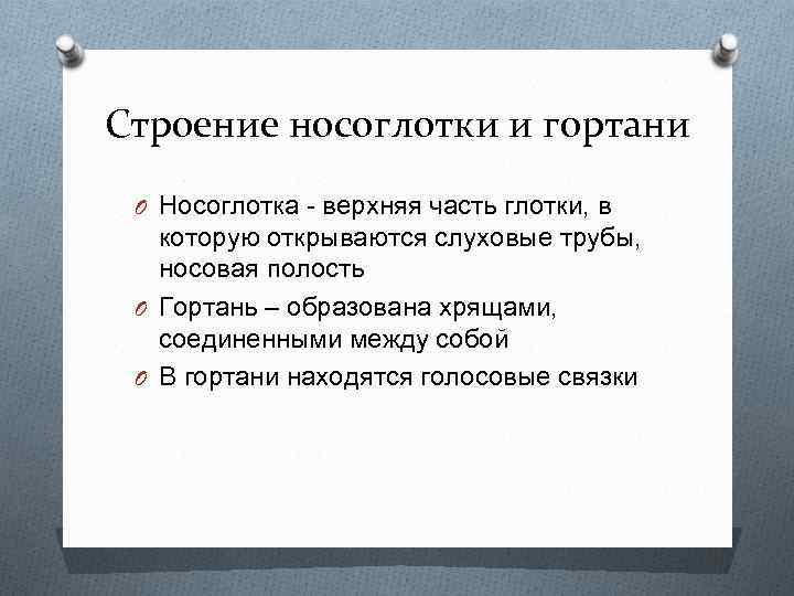 Строение носоглотки и гортани O Носоглотка - верхняя часть глотки, в которую открываются слуховые