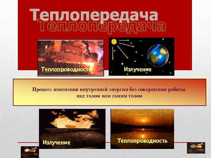 Теплопроводность Излучение Процесс изменения внутренней энергии без совершения работы над телом или самим телом