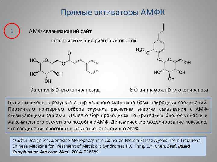 Прямые активаторы АМФК 1 АМФ связывающий сайт воспроизводящие рибозный остаток Эвгенил-β-D-глюкопиранозид 6 -O-циннамоил-D-глюкопираноза Были