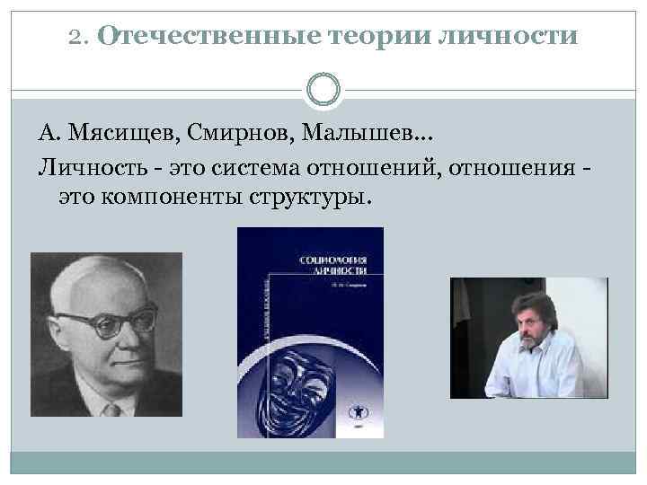 2. Отечественные теории личности А. Мясищев, Смирнов, Малышев. . . Личность - это система