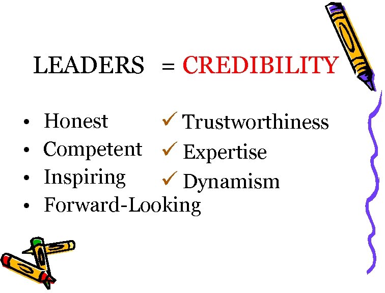  LEADERS • • = CREDIBILITY Honest ü Trustworthiness Competent ü Expertise Inspiring ü