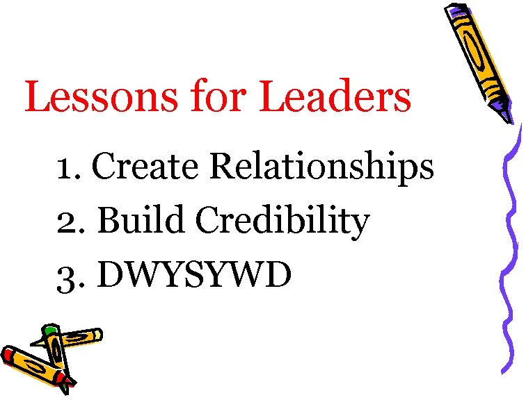 Lessons for Leaders 1. Create Relationships 2. Build Credibility 3. DWYSYWD 