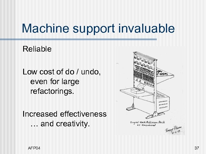 Machine support invaluable Reliable Low cost of do / undo, even for large refactorings.