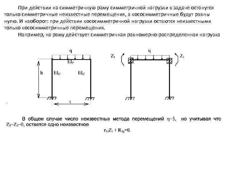 Нагрузка на раму. Симметричная рама методом перемещений. Разложение нагрузки на симметричную и кососимметричную составляющие. Использование симметрии при расчете рам методом перемещений. Расчет симметричных рам методом перемещений.