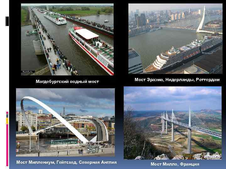 Магдебургский водный мост Миллениум, Гейтсхед, Северная Англия Мост Эразма, Нидерланды, Роттердам Мост Милло, Франция