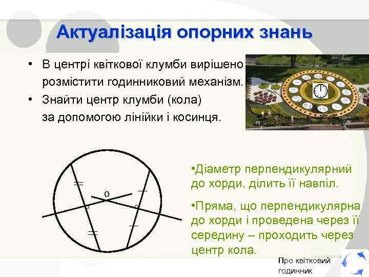 Актуалізація опорних знань • В центрі квіткової клумби вирішено розмістити годинниковий механізм. • Знайти