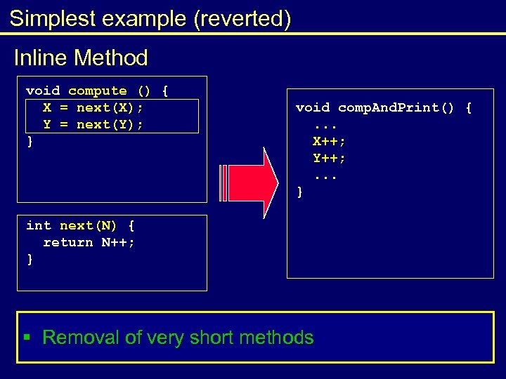 Simplest example (reverted) Inline Method void compute () { X = next(X); Y =