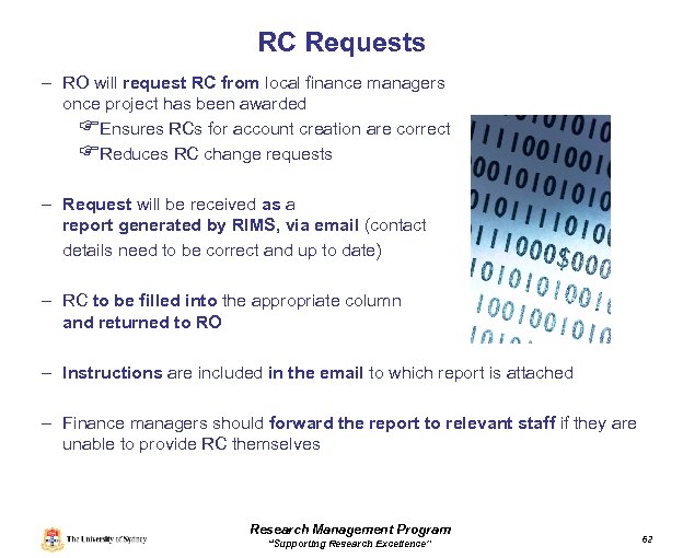 RC Requests – RO will request RC from local finance managers once project has
