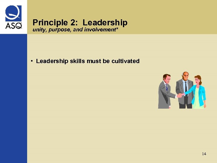 Principle 2: Leadership unity, purpose, and involvement* • Leadership skills must be cultivated 14