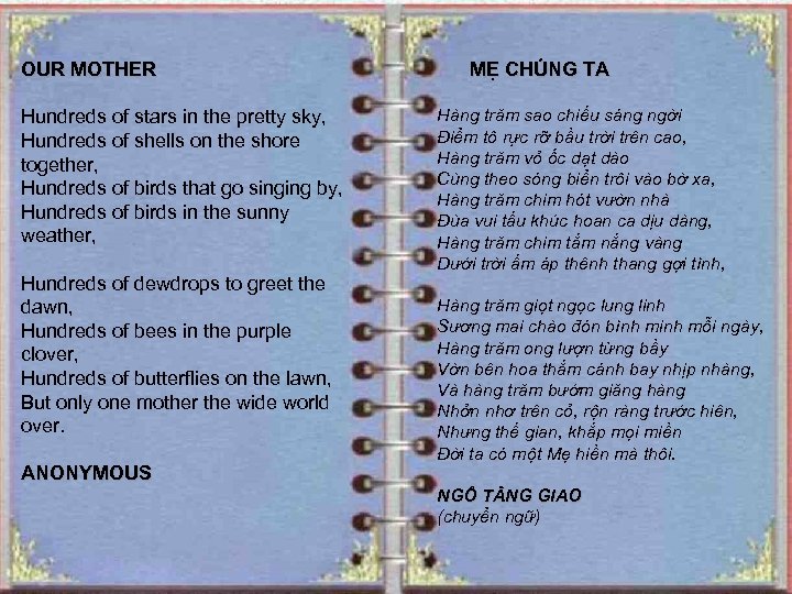 OUR MOTHER Hundreds of stars in the pretty sky, Hundreds of shells on the