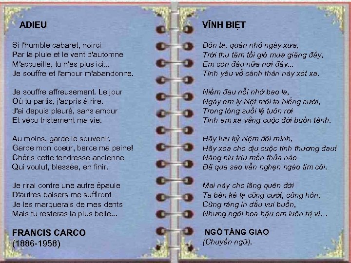  ADIEU VĨNH BIỆT Si l'humble cabaret, noirci Par la pluie et le vent