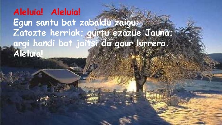 Aleluia! Egun santu bat zabaldu zaigu: Zatozte herriak; gurtu ezazue Jauna; argi handi bat