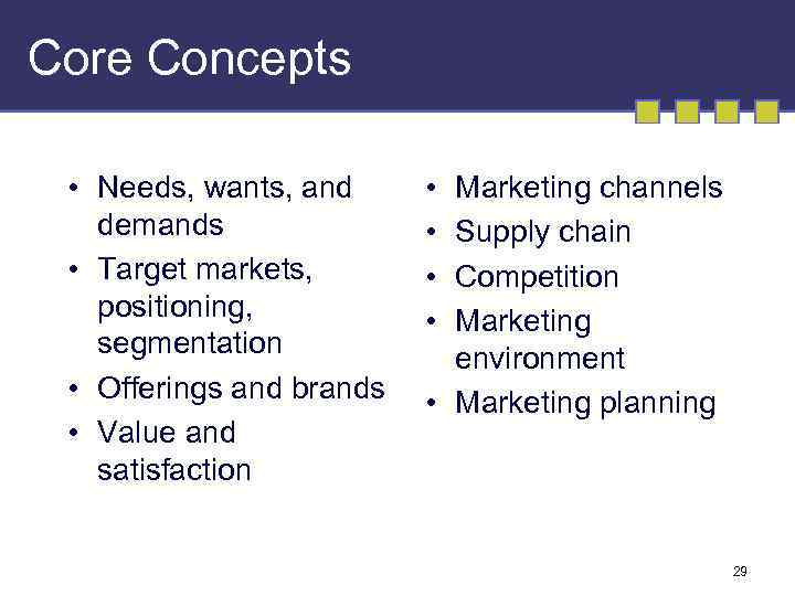 Core Concepts • Needs, wants, and demands • Target markets, positioning, segmentation • Offerings