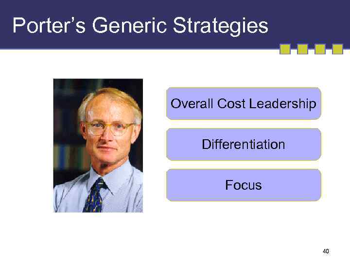 Porter’s Generic Strategies Overall Cost Leadership Differentiation Focus 40 