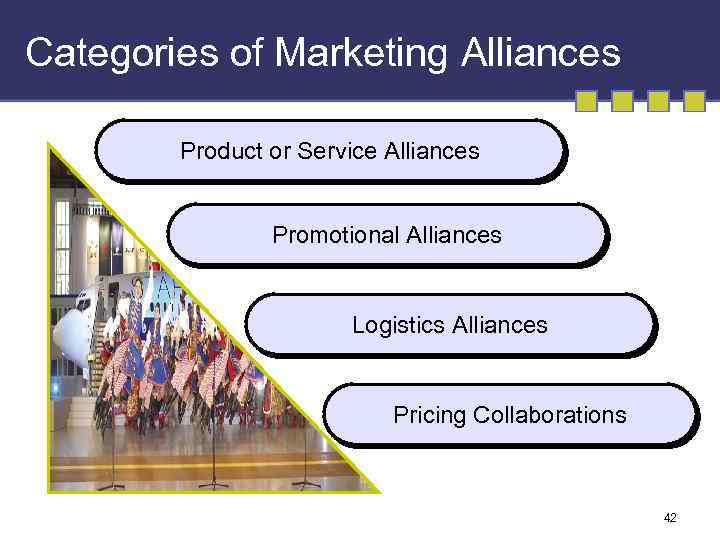 Categories of Marketing Alliances Product or Service Alliances Promotional Alliances Logistics Alliances Pricing Collaborations