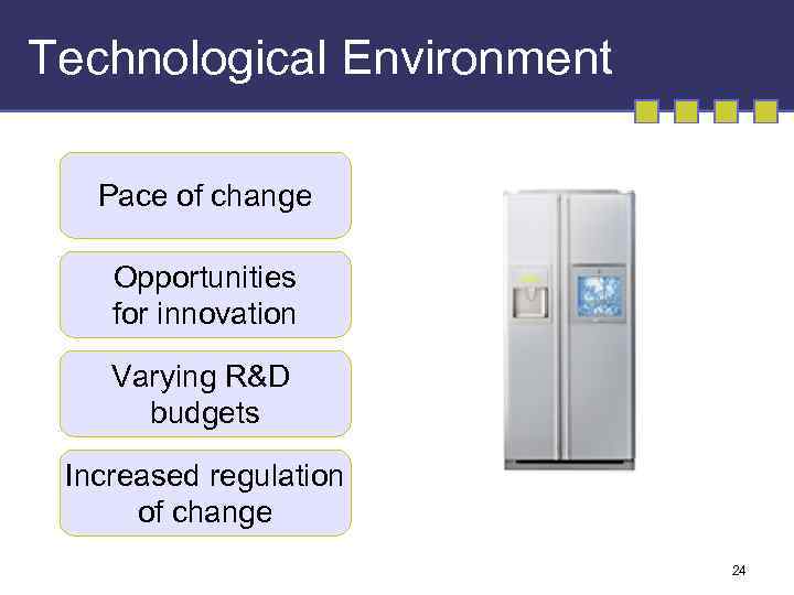 Technological Environment Pace of change Opportunities for innovation Varying R&D budgets Increased regulation of