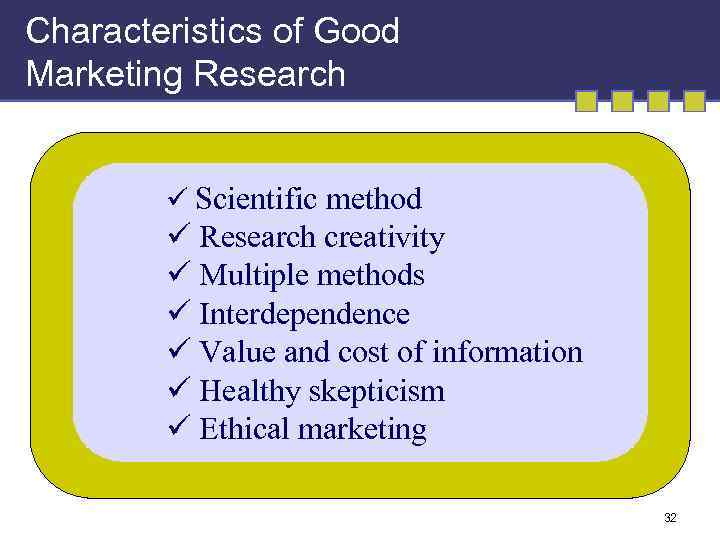 Characteristics of Good Marketing Research ü Scientific method ü Research creativity ü Multiple methods