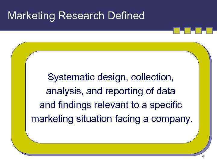 Marketing Research Defined Systematic design, collection, analysis, and reporting of data and findings relevant