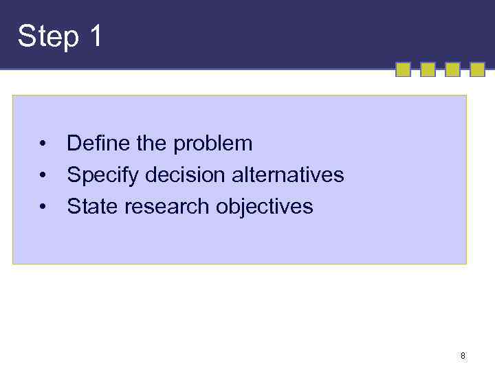 Step 1 • Define the problem • Specify decision alternatives • State research objectives