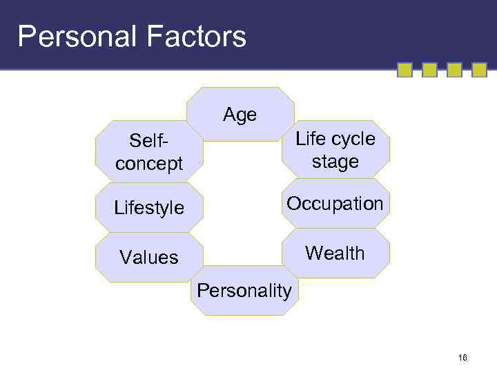 Personal Factors Age Selfconcept Life cycle stage Lifestyle Occupation Values Wealth Personality 16 