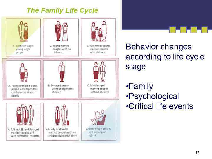 Behavior changes according to life cycle stage • Family • Psychological • Critical life