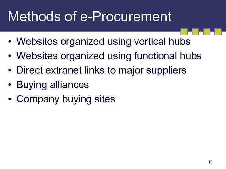Methods of e-Procurement • • • Websites organized using vertical hubs Websites organized using