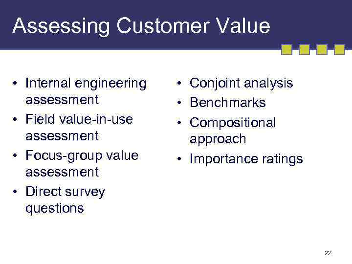 Assessing Customer Value • Internal engineering assessment • Field value-in-use assessment • Focus-group value