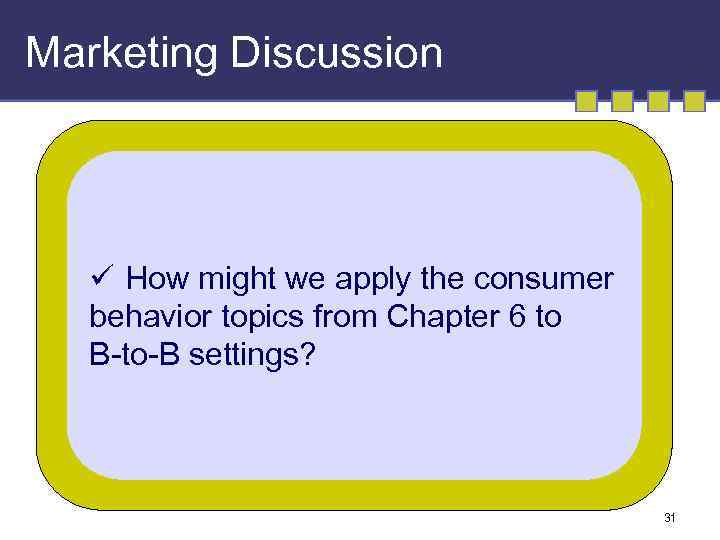 Marketing Discussion ü How might we apply the consumer behavior topics from Chapter 6