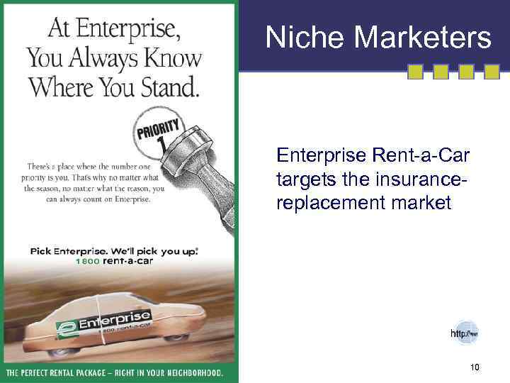 Niche Marketers Enterprise Rent-a-Car targets the insurancereplacement market 10 