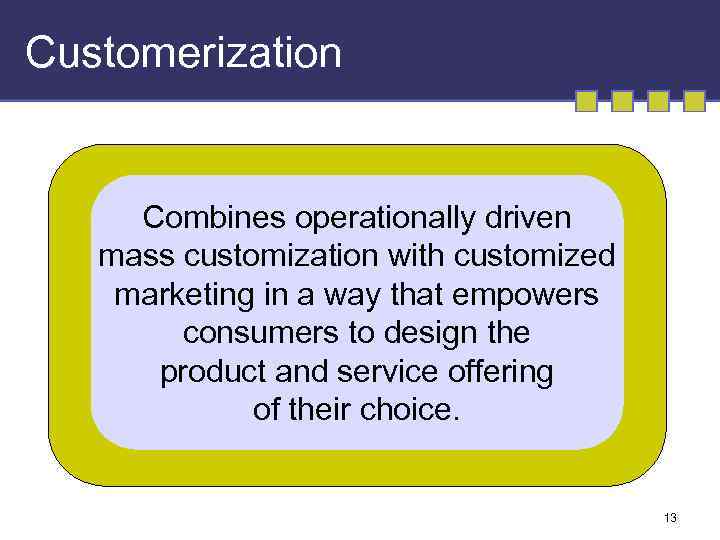 Customerization Combines operationally driven mass customization with customized marketing in a way that empowers