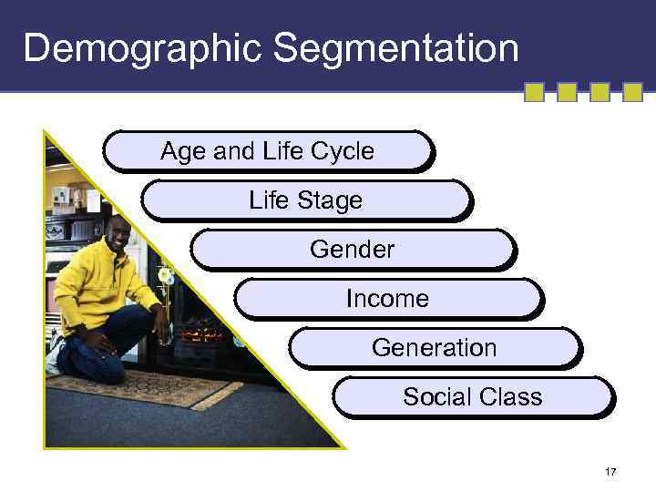 Demographic Segmentation Age and Life Cycle Life Stage Gender Income Generation Social Class 17