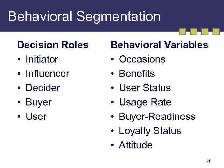 Behavioral Segmentation Decision Roles • Initiator • Influencer • Decider • Buyer • User