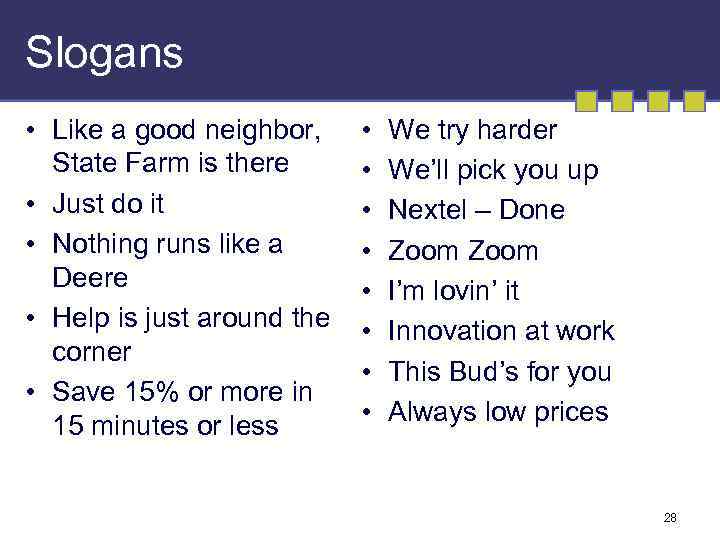 Slogans • Like a good neighbor, State Farm is there • Just do it