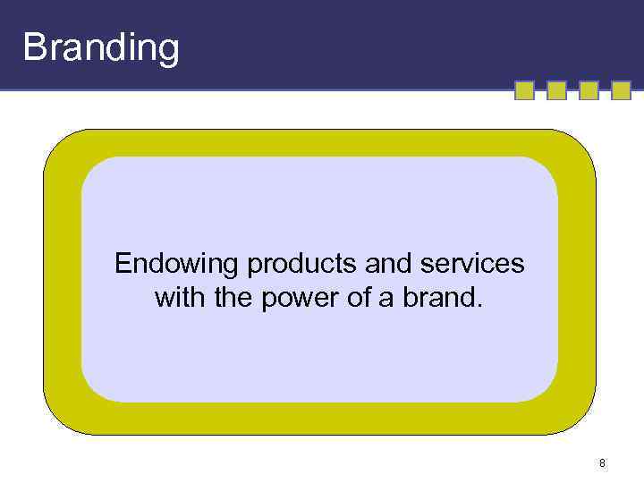 Branding Endowing products and services with the power of a brand. 8 