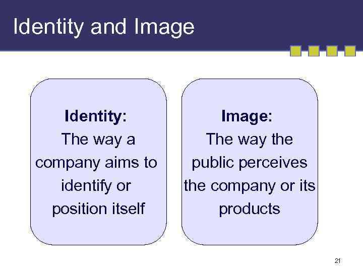 Identity and Image Identity: The way a company aims to identify or position itself