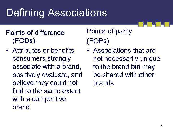 Defining Associations Points-of-parity Points-of-difference (PODs) (POPs) • Attributes or benefits • Associations that are