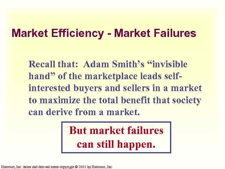 Market Efficiency - Market Failures Recall that: Adam Smith’s “invisible hand” of the marketplace