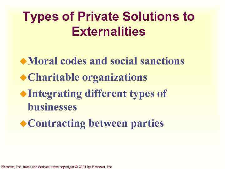 Types of Private Solutions to Externalities u. Moral codes and social sanctions u. Charitable