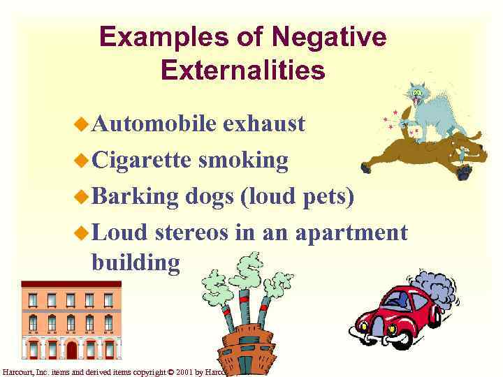 Examples of Negative Externalities u. Automobile exhaust u. Cigarette smoking u. Barking dogs (loud