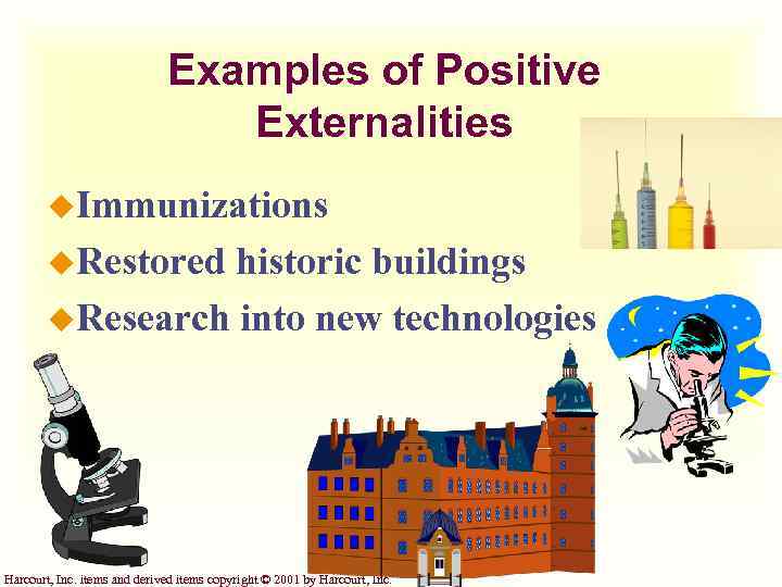 Examples of Positive Externalities u. Immunizations u. Restored historic buildings u. Research into new