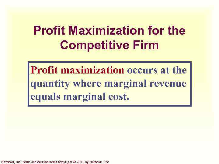 Profit Maximization for the Competitive Firm Profit maximization occurs at the quantity where marginal