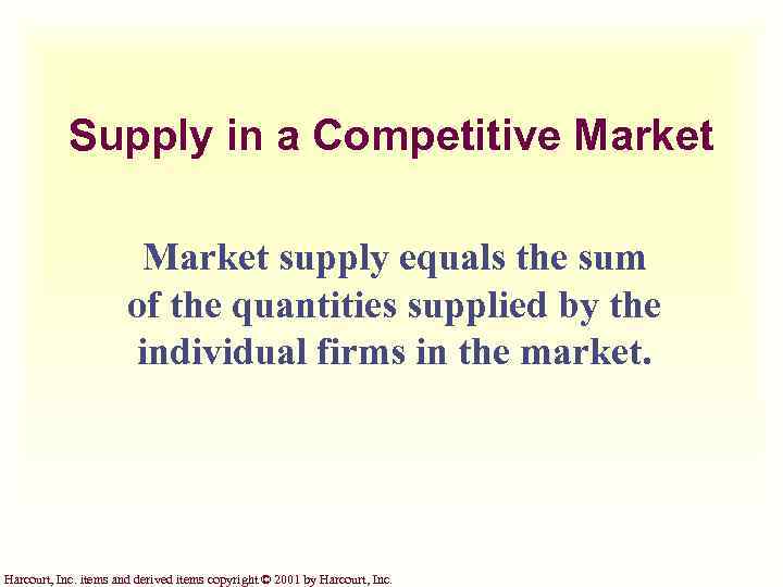 Supply in a Competitive Market supply equals the sum of the quantities supplied by