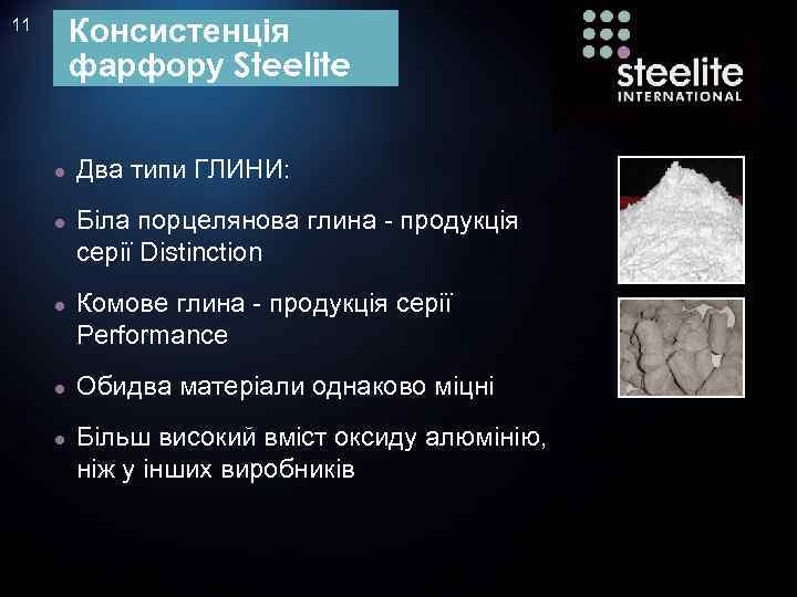 Консистенція фарфору Steelite 11 ● Два типи ГЛИНИ: ● Біла порцелянова глина - продукція