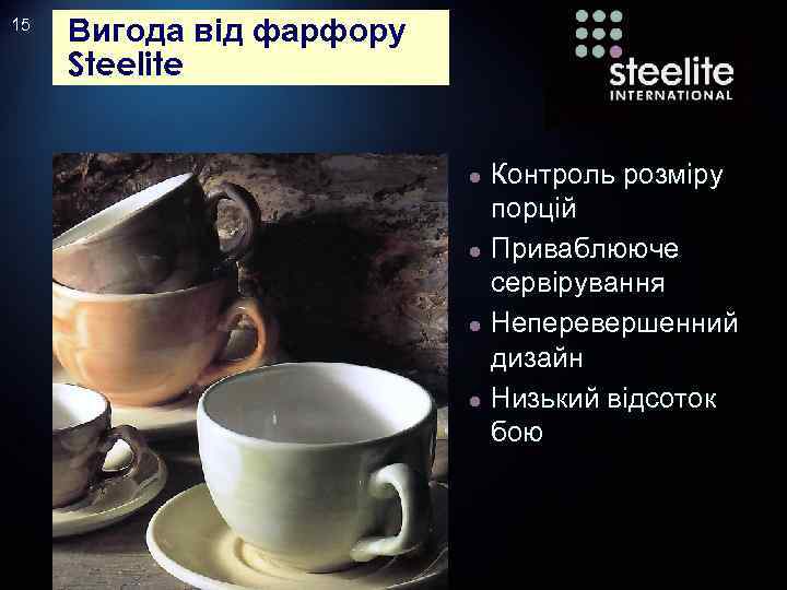 15 Вигода від фарфору Steelite ● ● Контроль розміру порцій Приваблююче сервірування Неперевершенний дизайн