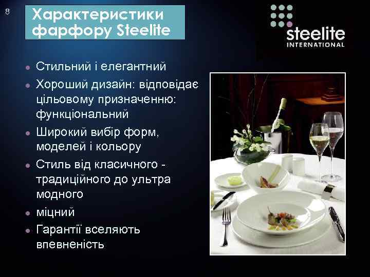 Характеристики фарфору Steelite 8 ● ● ● Стильний і елегантний Хороший дизайн: відповідає цільовому