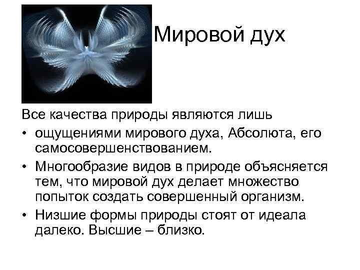  Мировой дух Все качества природы являются лишь • ощущениями мирового духа, Абсолюта, его