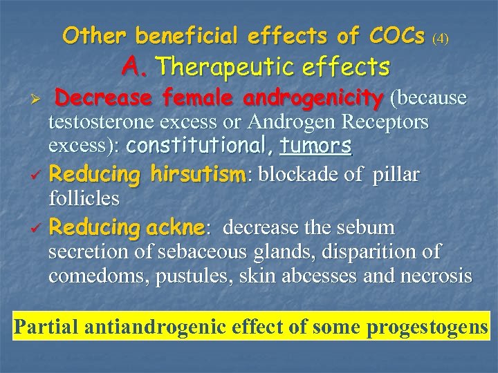 Other beneficial effects of COCs (4) A. Therapeutic effects Decrease female androgenicity (because testosterone